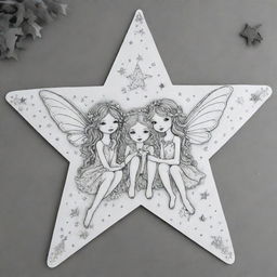 A whimsical, two-dimensional black and white outline of delightful fairies sitting atop a star for a colouring page.