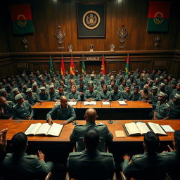 A dramatic and intense scene set in an Angolan military tribunal, with a wide array of military personnel in uniform, engaged in a tense and formal atmosphere