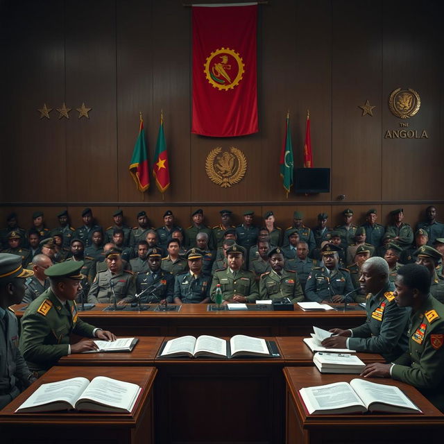 A dramatic and intense scene set in an Angolan military tribunal, with a wide array of military personnel in uniform, engaged in a tense and formal atmosphere