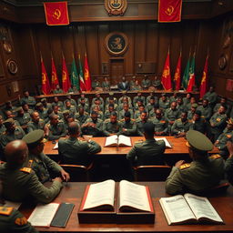 A dramatic and intense scene set in an Angolan military tribunal, with a wide array of military personnel in uniform, engaged in a tense and formal atmosphere