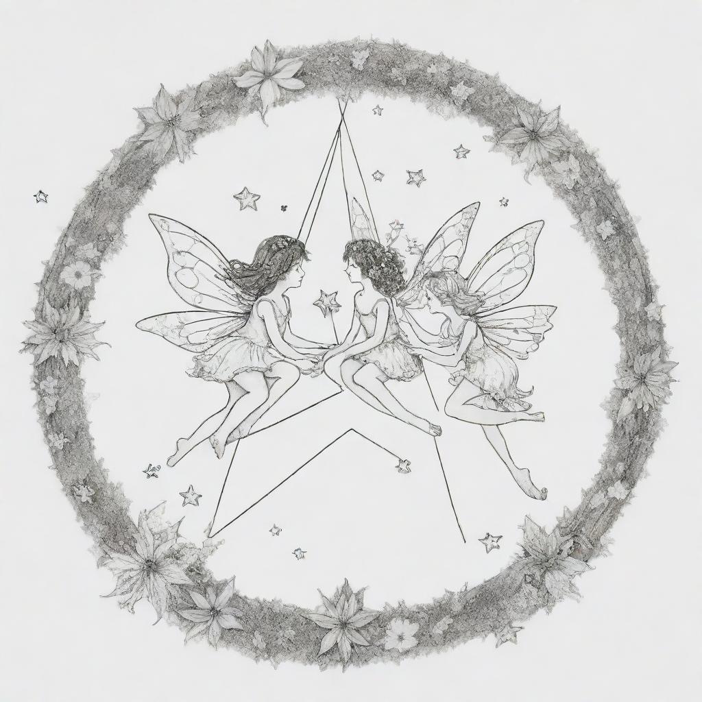 A whimsical, two-dimensional black and white outline of delightful fairies sitting atop a star for a colouring page.