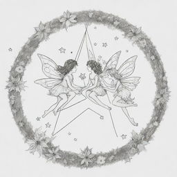 A whimsical, two-dimensional black and white outline of delightful fairies sitting atop a star for a colouring page.