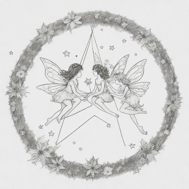 A whimsical, two-dimensional black and white outline of delightful fairies sitting atop a star for a colouring page.