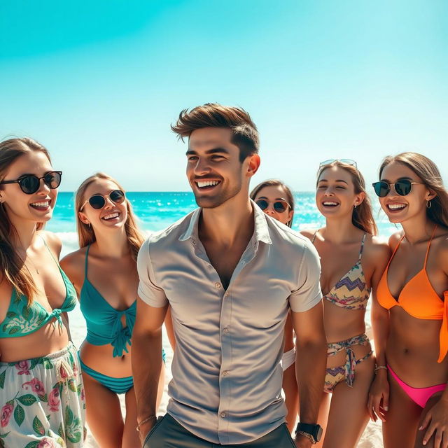 A handsome man surrounded by attractive girls, all smiling and enjoying a sunny day at the beach