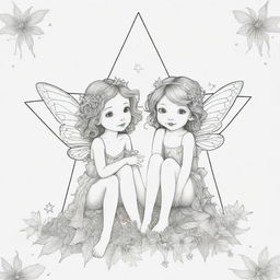 A whimsical, two-dimensional black and white outline of delightful fairies sitting atop a star for a colouring page.