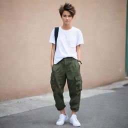 The same tomboy styled girl, but now with more boyish elements: a baggy t-shirt, cargo pants and short spiky hair. She maintains her energetic demeanor.