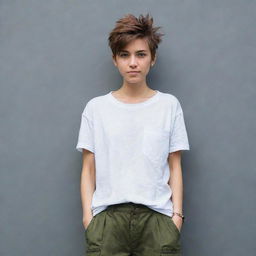 The same tomboy styled girl, but now with more boyish elements: a baggy t-shirt, cargo pants and short spiky hair. She maintains her energetic demeanor.