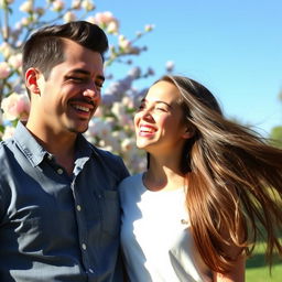 A handsome man with a charming smile and a confident demeanor, standing next to a beautiful girl with long flowing hair