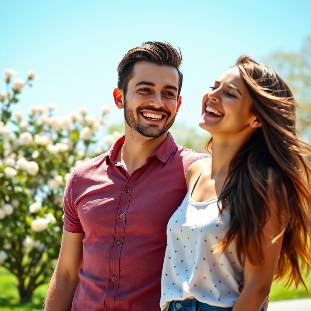 A handsome man with a charming smile and a confident demeanor, standing next to a beautiful girl with long flowing hair