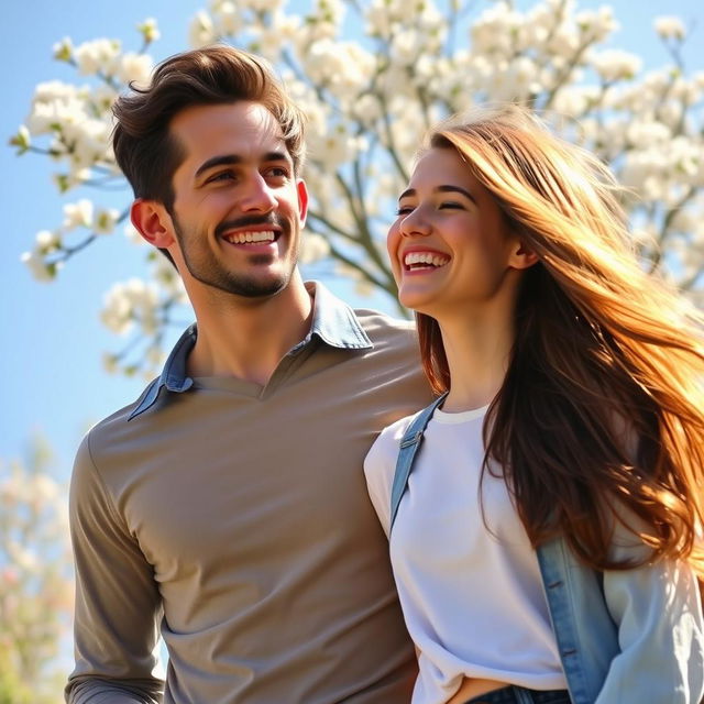 A handsome man with a charming smile and a confident demeanor, standing next to a beautiful girl with long flowing hair