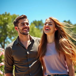 A handsome man with a charming smile and a confident demeanor, standing next to a beautiful girl with long flowing hair