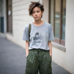 The same tomboy styled girl, but now with more boyish elements: a baggy t-shirt, cargo pants and short spiky hair. She maintains her energetic demeanor.