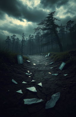 A striking image titled 'Scars of Deceit', depicting a mysterious mood with a haunting yet beautiful landscape