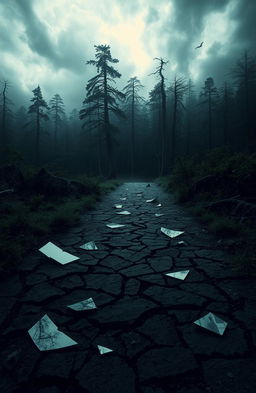 A striking image titled 'Scars of Deceit', depicting a mysterious mood with a haunting yet beautiful landscape