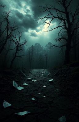 A striking image titled 'Scars of Deceit', depicting a mysterious mood with a haunting yet beautiful landscape