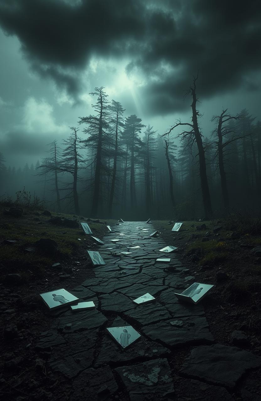 A striking image titled 'Scars of Deceit', depicting a mysterious mood with a haunting yet beautiful landscape
