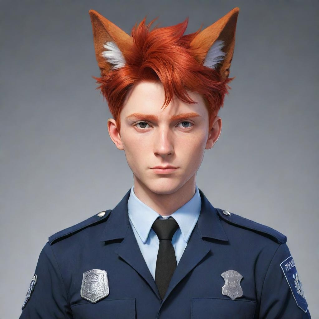 Anime-style character design of a male police detective with effeminate features, sporting short, vibrant red hair. He has horns emerging from his head and a fluffy red fox tail.