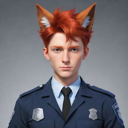 Anime-style character design of a male police detective with effeminate features, sporting short, vibrant red hair. He has horns emerging from his head and a fluffy red fox tail.