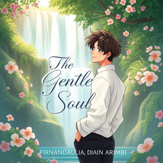 An aesthetic book cover illustration for a romance novel featuring an animated male character standing gracefully in front of a picturesque waterfall