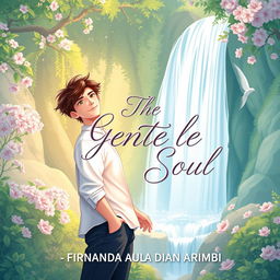 An aesthetic book cover illustration for a romance novel featuring an animated male character standing gracefully in front of a picturesque waterfall