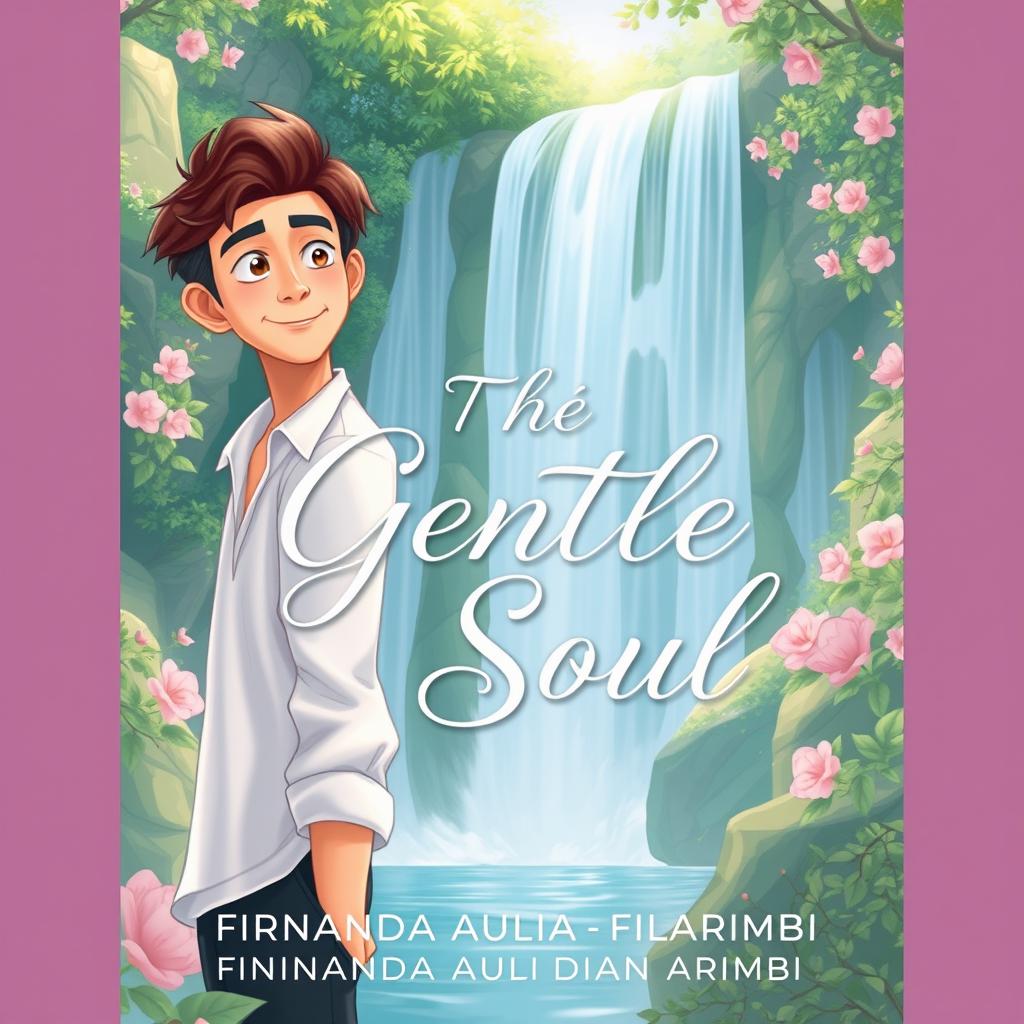 An aesthetic book cover illustration for a romance novel featuring an animated male character standing gracefully in front of a picturesque waterfall