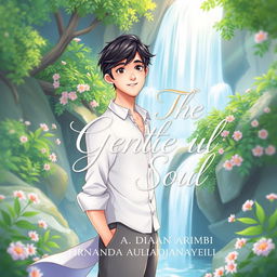 An aesthetic book cover illustration for a romance novel featuring an animated male character standing gracefully in front of a picturesque waterfall