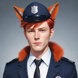 Anime-style character design of a male police detective with effeminate features, sporting short, vibrant red hair. He has horns emerging from his head and a fluffy red fox tail.