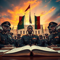 A striking scene depicting a military tribunal in Luanda, Angola, under a vibrant African sky