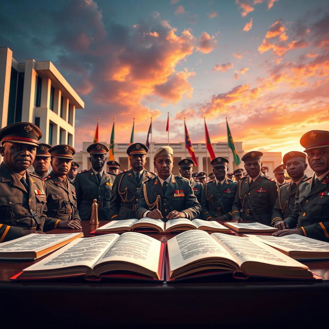 A striking scene depicting a military tribunal in Luanda, Angola, under a vibrant African sky