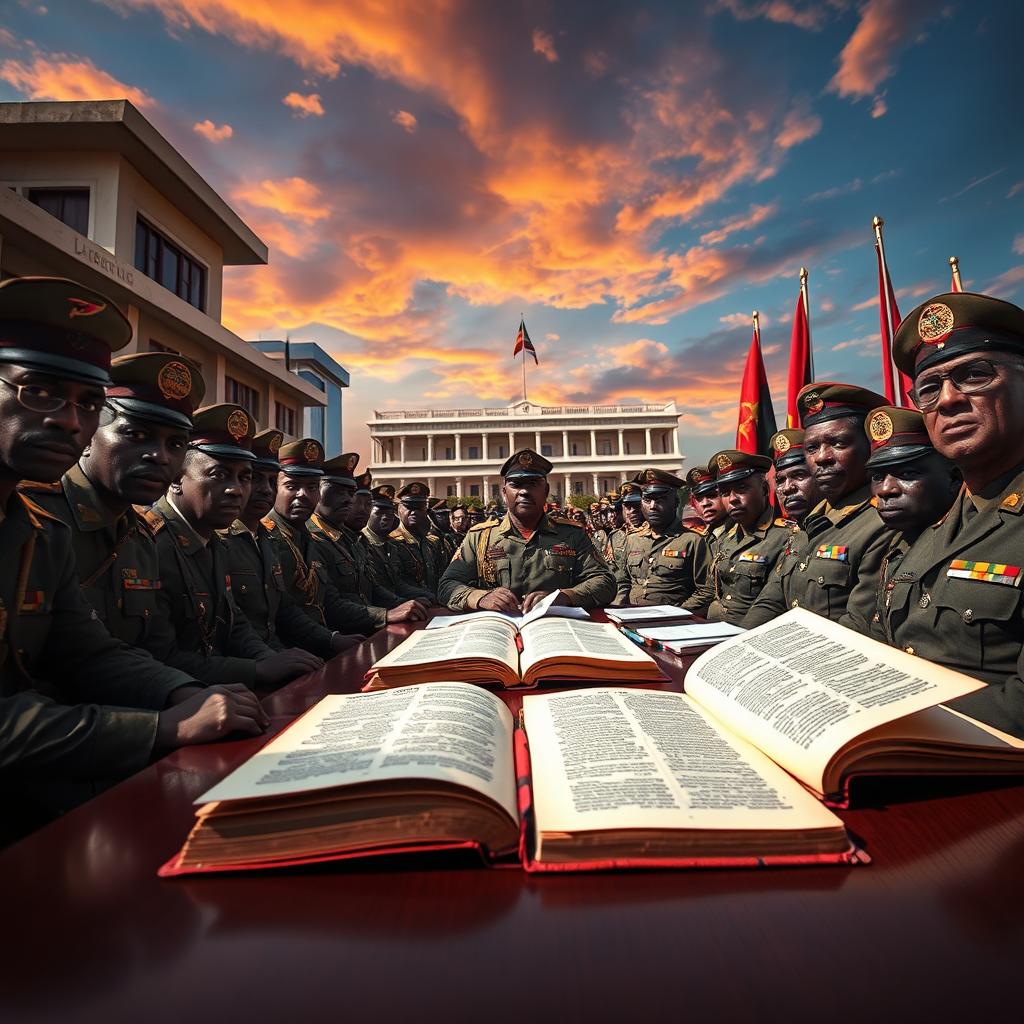 A striking scene depicting a military tribunal in Luanda, Angola, under a vibrant African sky