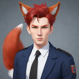 Anime-style character design of a male police detective with effeminate features, sporting short, vibrant red hair. He has horns emerging from his head and a fluffy red fox tail.