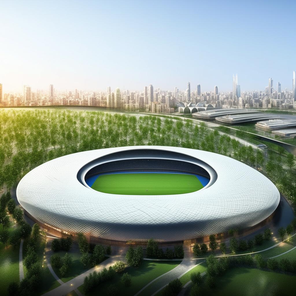 An architecturally advanced indoor stadium, surrounded by a lush green park with walking trails and thriving cityscape in the background, showcasing the integration of the stadium with its urban environment.