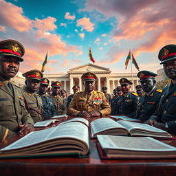 A striking scene depicting a military tribunal in Luanda, Angola, under a vibrant African sky