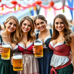 Four young women with pronounced cleavages and large breasts, dressed in traditional Bavarian dirndl outfits