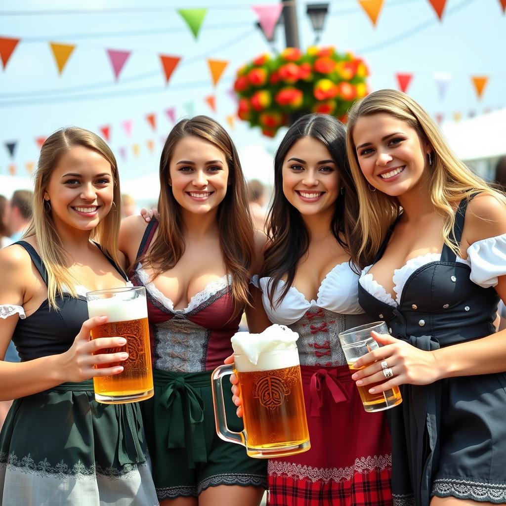 Four young women with pronounced cleavages and large breasts, dressed in traditional Bavarian dirndl outfits