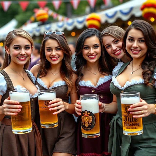 Four young women with pronounced cleavages and large breasts, dressed in traditional Bavarian dirndl outfits