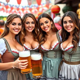Four young women with pronounced cleavages and large breasts, dressed in traditional Bavarian dirndl outfits