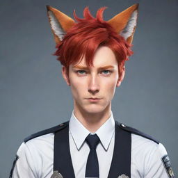 Anime-style character design of a male police detective with effeminate features, sporting short, vibrant red hair. He has horns emerging from his head and a fluffy red fox tail.