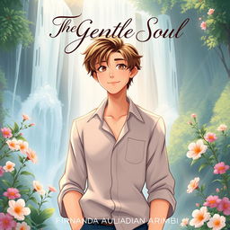 An aesthetic book cover illustration for a romantic novel featuring an animated male character standing majestically in front of a stunning waterfall
