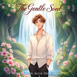 An aesthetic book cover illustration for a romantic novel featuring an animated male character standing majestically in front of a stunning waterfall