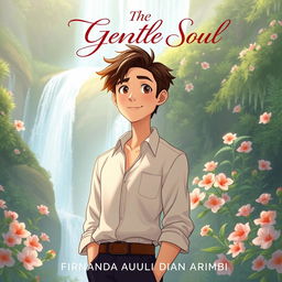An aesthetic book cover illustration for a romantic novel featuring an animated male character standing majestically in front of a stunning waterfall
