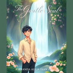 An aesthetic book cover illustration for a romantic novel featuring an animated male character standing majestically in front of a stunning waterfall