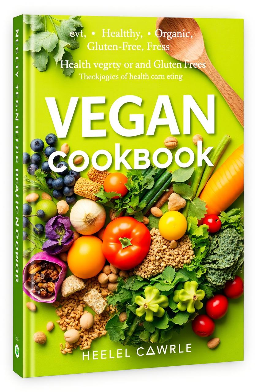 Design a vibrant and appealing book cover for a vegan, healthy, organic, and gluten-free cookbook