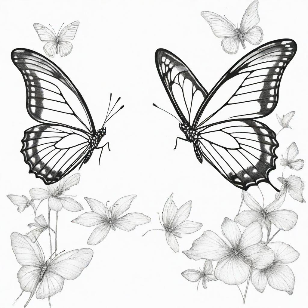 A captivating, two-dimensional black and white outline of graceful butterflies for a colouring page.