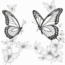 A captivating, two-dimensional black and white outline of graceful butterflies for a colouring page.