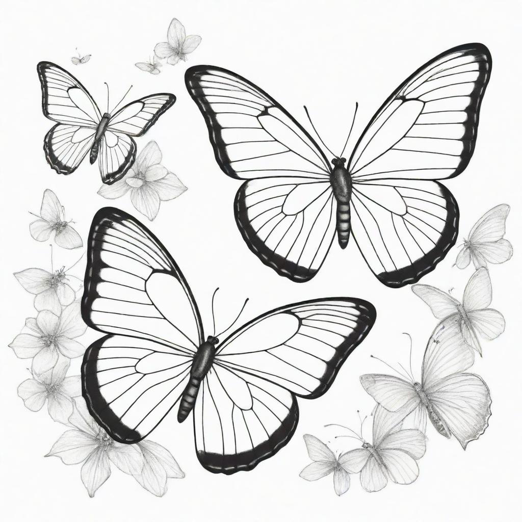 A captivating, two-dimensional black and white outline of graceful butterflies for a colouring page.