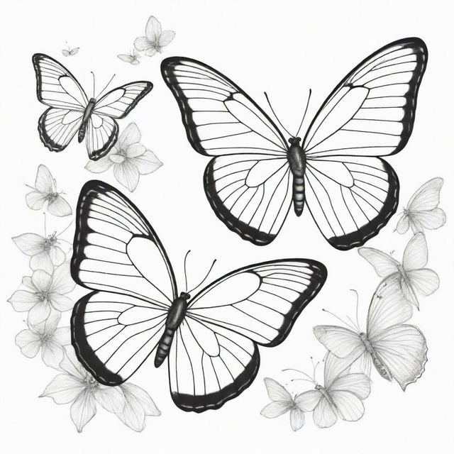 A captivating, two-dimensional black and white outline of graceful butterflies for a colouring page.