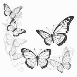 A captivating, two-dimensional black and white outline of graceful butterflies for a colouring page.