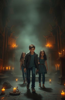In a haunted temple shrouded in mist, three teenagers - one teenage boy and two teenage girls - cautiously explore its eerie interior