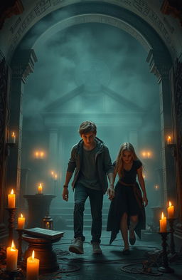 In a haunted temple shrouded in mist, three teenagers - one teenage boy and two teenage girls - cautiously explore its eerie interior